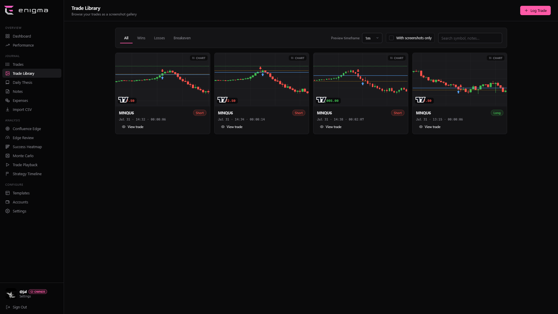Your trade screenshot library, filterable by outcome.