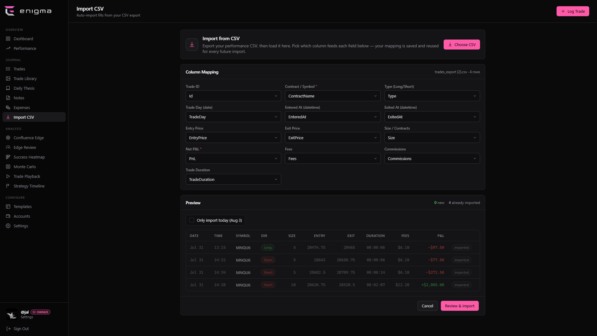 The import wizard with mapped columns and a preview.