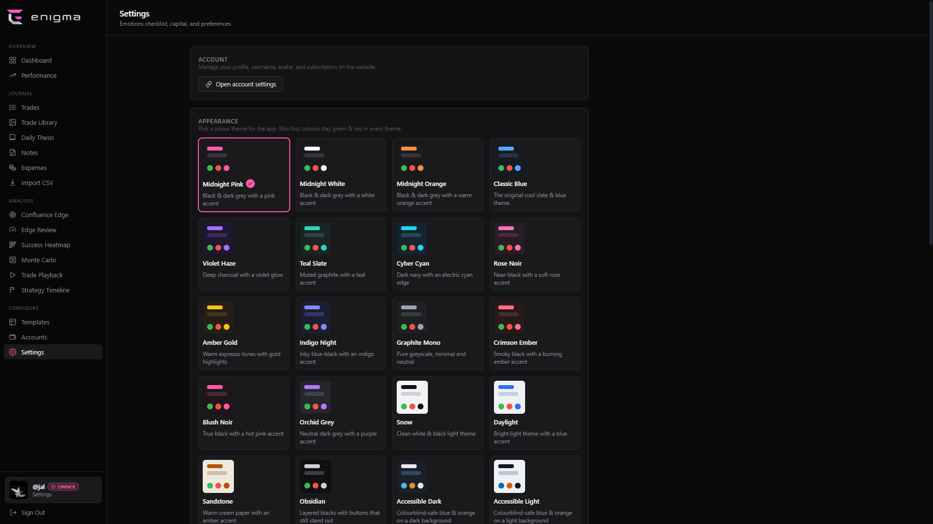 The theme picker with live preview swatches.